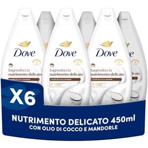 Dove Bagnodoccia Nutrimento Delicato, Idratante Dermo-Naturale, Olio di Cocco, 1/4 Crema Idratante, Dermatologicamente Testato, Bagnoschiuma Uomo e Donna, 100% Bottiglia Riciclata* 6 Pezzi x 450 ml