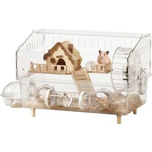 Neptuiby Gabbia per criceti, Gabbia panoramica per criceti, Recinto in acrilico e legno con accessori silenziosi, Trasparente, 100x50x50 cm