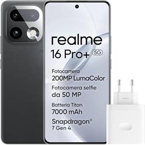 realme 16 Pro+ 5G Smartphone, 8GB+256GB, Display Curvo AMOLED 144Hz 6,8", Batteria 7000mAh, Fotocamera 200MP OIS, IP69K, Ricarica Rapida 80W, Doppia SIM, Next AI, Grigio (Con Adattatore)