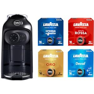 Lavazza, A Modo Mio Macchina per Caffè Idola Nera con 64 Capsule A Modo Mio Assortite, Macchina per Espresso Compatta e Silenziosa, 1500 W, 220-240 V, 50/60 Hz, Capacità Max 1.1 Litri d'Acqua