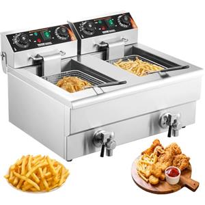 VEVOR Friggitrice Commerciale, Elettrica Doppia Vasca 2 x 11 L Friggitrice Commerciale 2 x 3000W in Acciaio Inossidabile con Filtraggio dell'Olio da Cucina, Controllo Tempo Temperatura
