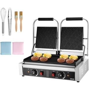 VEVOR Piastra per panini professionale, piastra elettrica per panini da 3600 W, doppia piastra per panini in acciaio inox, controllo della temperatura, piastra smaltata scanalata da 48 x 23 cm