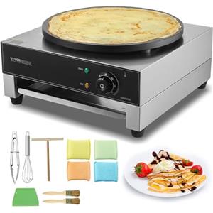 VEVOR Crepiera Elettrica, Macchina per Crepes Commerciale a Testa 406 mm, Piastra Crepes Piastra Piana 1700 W, Macchina in Acciaio Inox Antiaderente, Fornello Circolare, Controllo per Temperatura