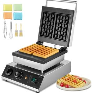 VEVOR Macchina per Waffle Commerciale, 2 Pezzi per Waffle Belga Rettangolare in Acciaio Inox Antiaderente 2000 W con Controllo Temperatura Tempo, Maniglia, per Ristorante, Panetteria, Snack Bar