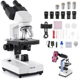 VEVOR Microscopio Binoculare, Kit Microscopio Composto con Ingrandimento, Set di Oculari, 1,3mm Due Stadi, Luce LED, Supporto per Telefono, per Studenti, Laboratorio, Scuola, Casa