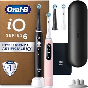 Oral-B iO 6, 2 Spazzolini Elettrici, 4 Testine di Ricambio, Nero e Rosa - 4 Testina di Ricambio per Spazzolino Elettrico, Custodia da Viaggio, Sensore di Pressione, Pulizia Denti Efficace