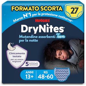 Huggies Drynites Mutandine Assorbenti per la Notte per Bambino, Taglia XL (48-60 Kg), Confezione da 27 Pezzi (9x3)