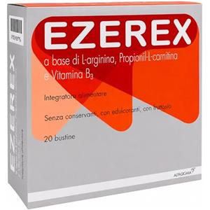 Ezerex Integratore Alimentare a base di L-Arginina, Propionil-L-Carnitina e Vitamina B3 - Senza conservanti, con edulcoranti, con fruttosio - 20 bustine