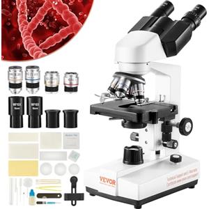 VEVOR Binocular Compound Microscope, 40X-2500X Magnification, Binocular Compound Lab Microscope with LED Illumination, Two-Layer Mechanical Stage, Includes Phone Holder & Microscope Slides