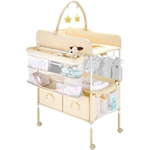 VEVOR Fasciatoio Pieghevole con 2 Cassetti in Tessuto, Cestino Laterale e Asta Appendiabiti, Fasciatoio Portatile Regolabile in Altezza con Ruote Bloccabili e 2 Giocattoli, Beige Chiaro