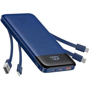 Charmast Power Bank 20000mAh con Cavi Integrati USB C Blu | Carica Rapida 22.5W, LED Display, 5 Uscite e 4 Ingressi, Compatibile iPhone Huawei Xiaomi