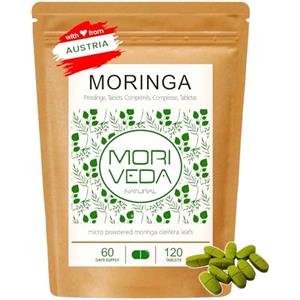 MoriVeda Compresse Moringa Energy 3800 mg, con vitamine, proteine e aminoacidi, scorta per 60 giorni in qualità ayurvedica di alto livello, vegane e senza glutine, 120 compresse