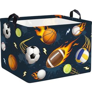Clastyle Cesto Portabiancheria Palla Sportiva Cestino Portaoggetti Stella Cesta Biancheria Genitori per Organizzare Giocattoli Vestiti, Fuoco Rugby, 40x30x30 cm