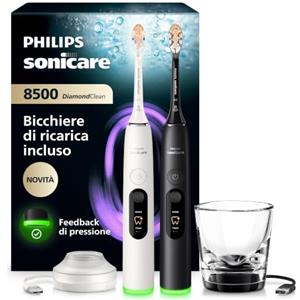 Philips Sonicare Next-Generation DiamondClean 8500 Spazzolino elettrico - con Feedback di pressione, 18 impostazioni, bianco polvere e nero, confezione da 2, HX8596/21
