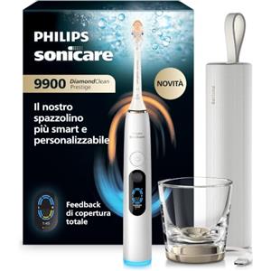Philips Sonicare Next-Generation DiamondClean 9900 Prestige Spazzolino elettrico - con SenseIQ, Feedback di copertura totale, Feedback di pressione, 24 impostazioni, bianco argento, HX9813/91