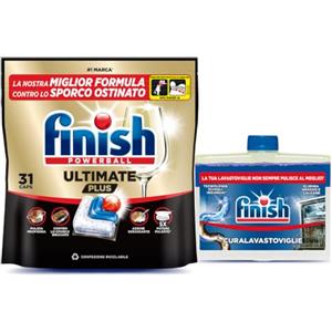 Finish Kit Lavastoviglie, 31 Pastiglie Ultimate Plus contro lo Sporco e i Residui Incrostati e 1 Cura Lavastoviglie al Regular da 250ml