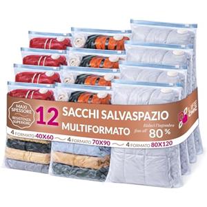 LifeChic Sacchetti Salvaspazio Sottovuoto - Set 12 Pezzi Multiformato (4×40x60 cm, 4×70x90 cm, 4×80x120 cm), Riutilizzabili con Valvola Universale, Buste Sottovuoto per Vestiti, e Cambio Stagione