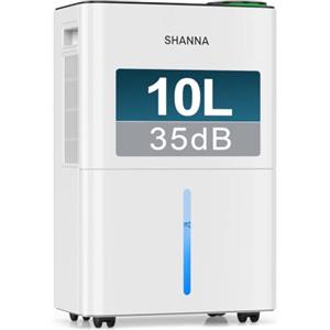 SHANNA Deumidificatore, Deumidificatore Portatile, 10L/24H, Serbatoio 2L, Basso Rumore, Basso Consumo, Sbrinamento Automatico, Blocco Bambini, Design Anti-Goccia, R290, Sost. 1 anno, Gar. 10 anni