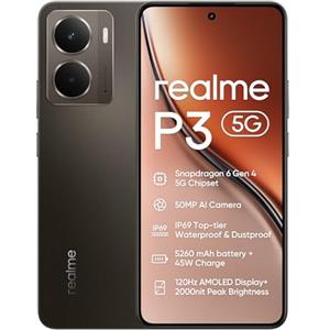 realme P3 Smartphone 5G,8+256GB,Batteria titanica da 5260 mAh,Ricarica rapida 45 W,Chipset Snapdragon 6 Gen 4, Fotocamera AI da 50MP,Display Pro-Esports 120Hz 2000 nits,IP69,Grigio (Senza Adattatore)