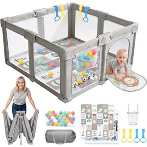 FAMPLY Box pieghevole per bambini, con materasso, rete traspirante a 360°, Oxford 300D, parco giochi sicuro per bambini, per interni ed esterni, con custodia, 50 palline, 4 trazioni (leone, 150 x 150 x 70 cm