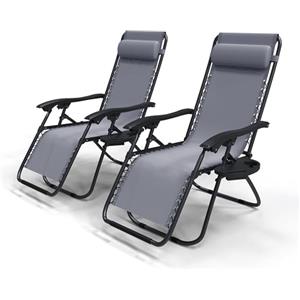 VOUNOT® Set di 2 Sdraio da Giardino con Portabicchieri e Poggiatesta Regolabile, Sedia Pieghevole Zero Gravity da Esterno, Poltrona Relax, Carico Massimo 120kg, Grigio