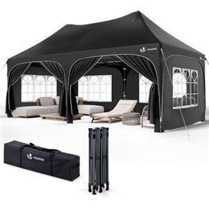 VOUNOT® 3x6m Gazebo Pieghevole con 6 Pareti Lateral, Impermeabile e Resistente, Pop up Tendone Robusto per Feste, Esterno, Giardino, Fiere, con 6 Sacchi di Sabbia e Borsa di Trasporto, Nero