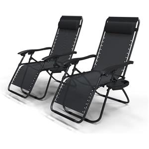 VOUNOT® Set di 2 Sdraio da Giardino con Portabicchieri e Poggiatesta Regolabile, Sedia Pieghevole Zero Gravity da Esterno, Poltrona Relax, Carico Massimo 120kg, Nero