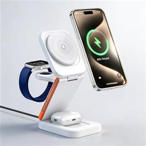 Wowsofty Caricatore wireless pieghevole da 15 W, 3 in 1 stazione di ricarica rapida compatibile con iPhone 17/16/15/14/13/12, dock da viaggio compatto, Apple Watch Ultra/SE/10/9/8/7/6/5/4/3/2, AirPods Pro/4/3