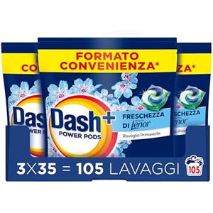 Dash Power Pods Detersivo Lavatrice In Capsule, 105 Lavaggi(3x35), Freschezza Di Lenor, Risveglio Primaverile, rimuove addirittura gli odori di sudore vecchi di 7 giorni, per una pulizia impeccabile