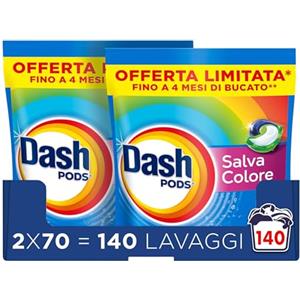 Dash Pods Detersivo In Capsule, 2x70 Lavaggi, Salva Colore, Rimuove Le Macchie, Igienizza, Brillantezza Per I Capi
