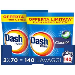 Dash Pods Detersivo In Capsule, 2x70 Lavaggi, Classico, Rimuove Le Macchie, Igienizza, Brillantezza Per I Capi