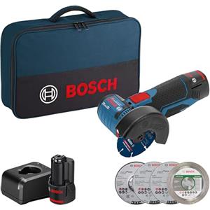 Bosch Professional 06019F200C Smerigliatrice Angolare GWS 12 V 76 (Sistema da 12 Volt, 2 batterie da 2.0 Ah, 5 Pezzi Set di Dischi da Taglio e Molatura, in Borsa), Blu, Size