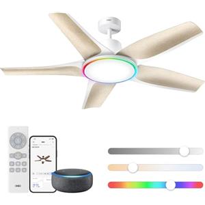 DREO ventilatore da soffitto smart a profilo ribassato 132 cm con luce LED dimmerabile, RGB, 12 velocità(APP), motore CC silenzioso, montaggio facile, controllo app e Alexa, bianco