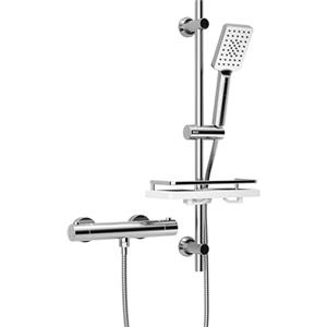 Görbach Colonna Doccia con Miscelatore Termostatico, Set Asta Doccia in Acciaio inox con Doccetta e Tubo, Saliscendi Doccia 70 cm con Mensola, Cromo