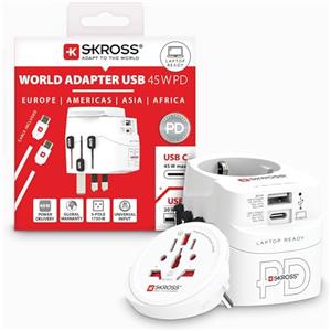 SKROSS - PRO Light USB AC45PD - Adattatore Universale da Viaggio da e per il Mondo con 2 Prese USB - Fast Charge da 45W - Tensione e Potenza : 100 V AC - 700 W / 250 V - 1750 W