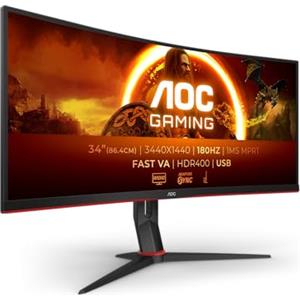 AOC Gaming CU34G2XPD Monitor curvo WQHD da 34 pollici, 180 Hz, VA veloce, GTG da 1 ms, FreeSync Premium, HDR400, supporto regolabile in altezza 3440x1440, HDMI, DisplayPort, hub USB