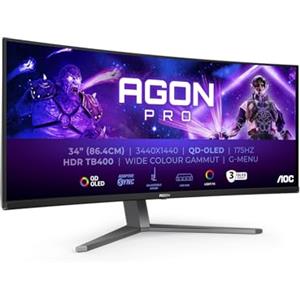 AOC Gaming Monitor AG346UCDAM 34" Curvo 3440x1440, UW-QHD, 175Hz, QD-OLED Panel, 0.03ms GtG, USB Hub Speakers, Height Adjustment, (HDMI2x 2.0 DP 1x 1.4) HDR400 TB, FreeSync Prem. G-Sync Comp., Nero