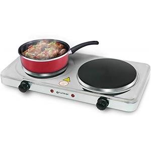 Grunkel - EHP-218INOX - Fornello elettrico a doppia piastra da 155 mm. Cucina elettrica doppia portatile, ideale per roulotte, campeggio o piccole cucine -1500 W + 1000 W - Acciaio inossidabile