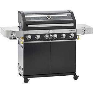 RÖSLE barbecue a gas, stazione BBQ VIDERO G6-S, in nero, 30 mbar, barbecue con 6 bruciatori in acciaio inox, extra: primezone e bruciatore laterale, tavolini laterali richiudibili, VARIO+