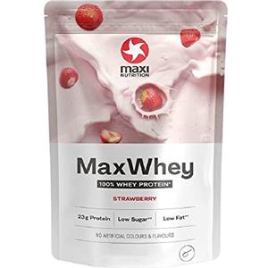 MaxiNutrition 100% Whey, polvere proteica di alta qualità, fragola, 420 g, senza aromi artificiali, polvere proteica in 100% siero di latte, produce 14 frullati proteici da 23 g di proteine, basso