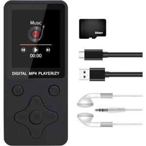 Synclum Lettore MP3 Bluetooth 5.3 32 GB con altoparlante HD, schermo 1,8 | Cuffie incluse, suono HiFi, radio FM, registratore vocale, MicroSD 128 GB, AUX 3,5 mm, 70 ore di autonomia, 6 modalità EQ