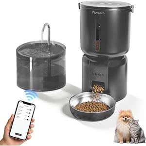 Auveach Distributore Automatico Cibo Gatti e Fontanella Set - 4L 2.4G WiFi Dispenser Crocchette Gatto con Timer Programmabile 1-10 Pasti al Giorno, Ciotola Inox 304, 2.2L Fontana per Gatti (Scuro)