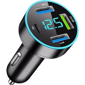 OneNine Caricabatteria da auto USB C a 4 porte, adattatore per accendisigari, 50 W, PD&QC 3.0, con voltmetro a LED da 12 V, presa USB, compatibile con iPhone, Android, Samsung, tablet e tutti gli