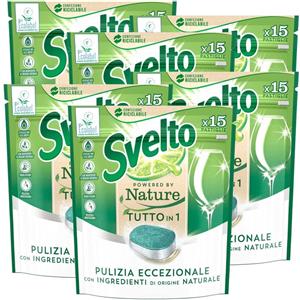 6x Svelto Powered By Nature Tutto in 1 Pastiglie per Lavastoviglie Pulizia Eccezionale con Ingredienti di Origine Naturale - 6 Confezioni da 15 Pastiglie