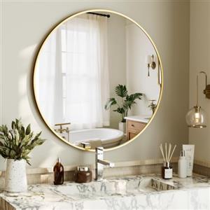 BEAUTYPEAK Specchio rotondo da 80 cm, in oro, infrangibile, con cornice in alluminio, da appendere e appoggiare, rotondo da parete per camera da letto, bagno, soggiorno