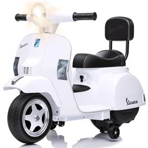 Garvee Moto Elettrica per Bambini Mini Vespa Scooter Motorino Elettrico 6V | Schienale, Fari Luminosi, Musica, Clacson, Rotelle di Supporto, Velocità 3 km/h, 67x57x40 cm, per Bambini 3+ Anni, Bianco