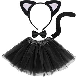 LUYANFX Costume Leopardata Bambina, Set di Costumi Gatto con Cerchietti Orecchie da Gatto Coda Papillon e Adesivi Viso, Gonna Tutu, Accessori Costume Cosplay di Halloween Carnevale per Ragazze Donna