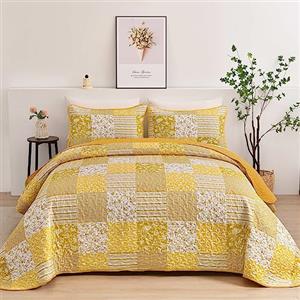 Mybedsoul, Set di biancheria da letto per letto king size, 3 pezzi, con copriletto trapuntato e floreale, reversibile, estivo, 228,6 x 264,2 cm, colore: giallo