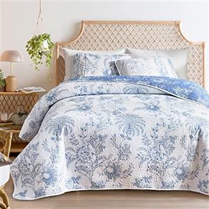 Flysheep - Set copriletto a tema botanico, reversibile, queen size (matrimoniale), 3 pezzi, stampa floreale con fiori bianchi e blu, estivo, in microfibra morbida e leggera, per tutte le stagioni, 234