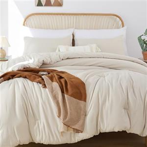 ROSGONIA Set copripiumino per letto matrimoniale, 3 pezzi (1 trapunta beige boho e 2 federe), biancheria da letto per tutte le stagioni, leggero, morbido, copriletto, trapunta, idea regalo